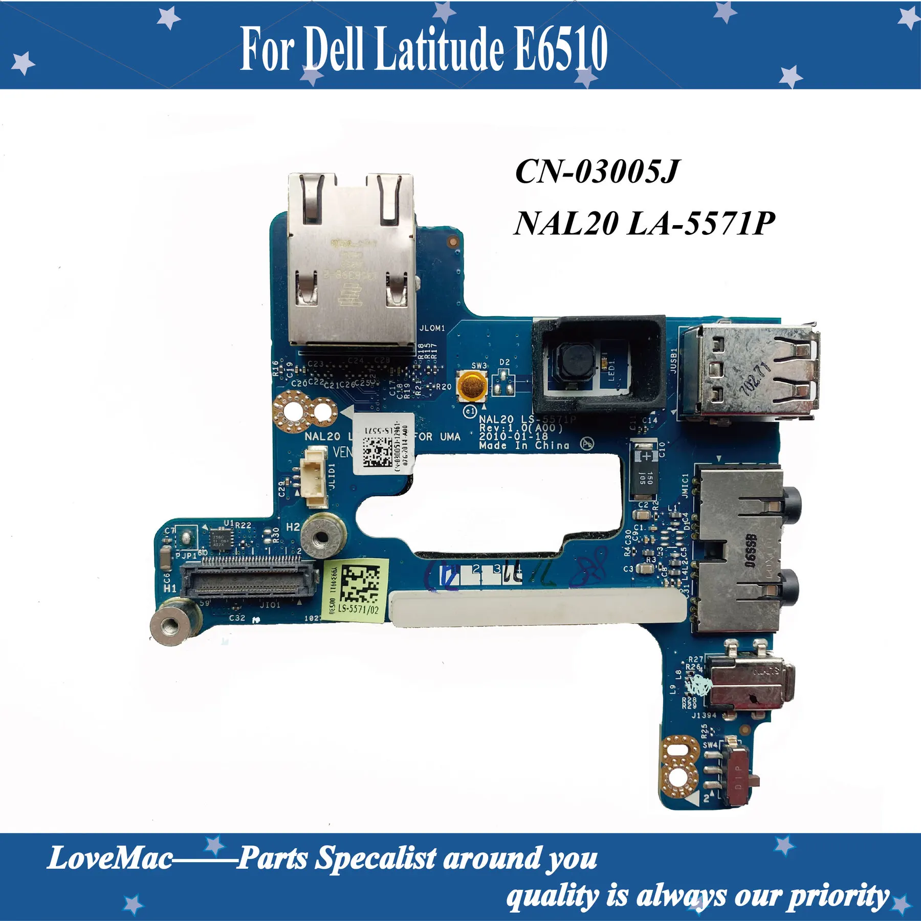 

Original CN-03DD5J For DELL E6510 USB board Audio board Sound card LAN board Network card board 03DD5J MAL20 LS-5571P Tested