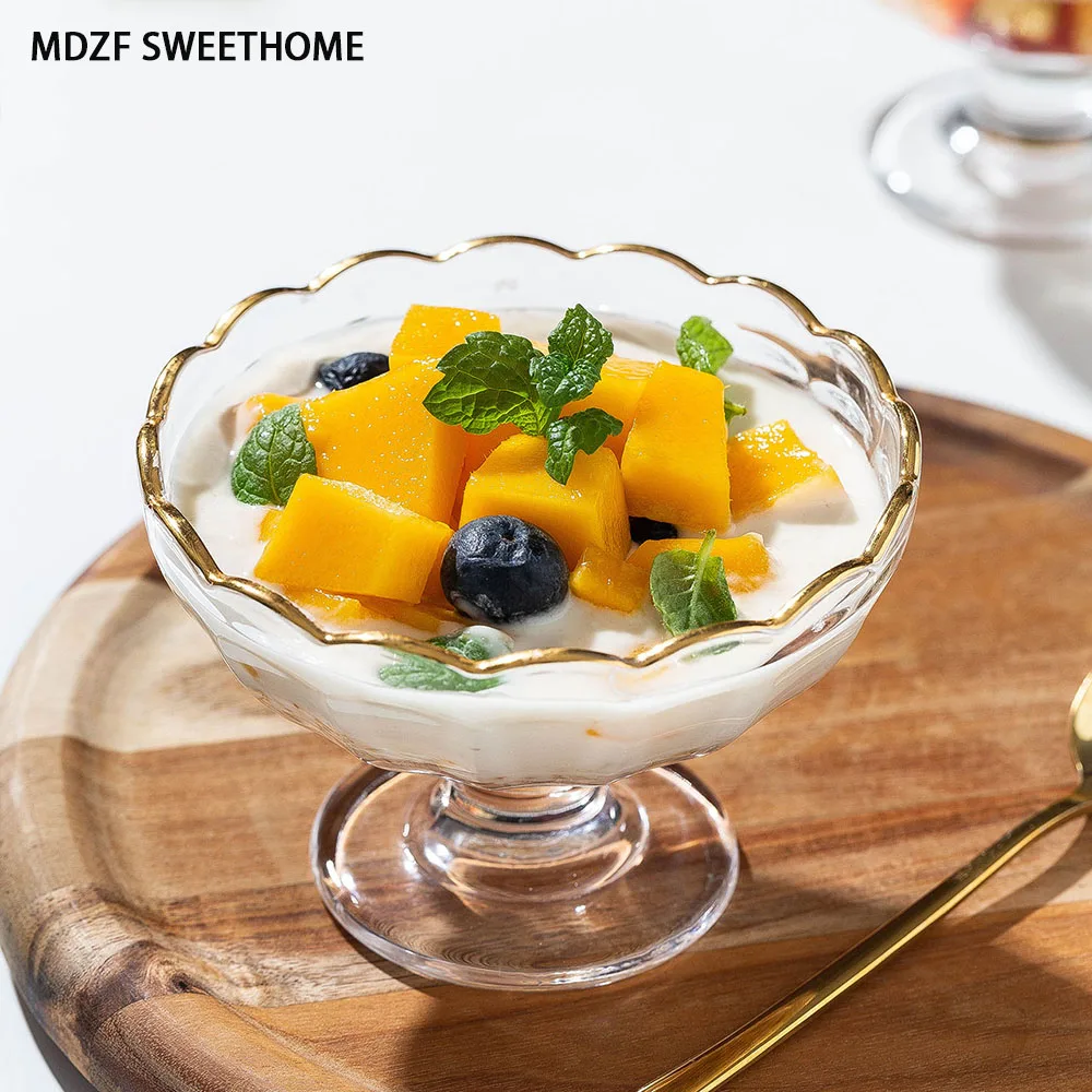 

MDZF SWEETHOME Glass Ice Cream Cup Golden Edge Dessert Cup Stainless Steel Ice Cream Fruit Melon Ball Spoon Kitchen Tools