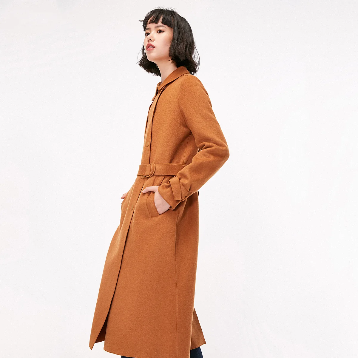 ONLY Slim Fit Cinched Waist Double-breasted Long Wool Trench Coat | 11836U505 Женская одежда