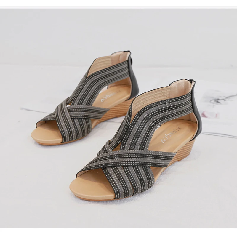 

Women's Sandal Bohemia Cover Heel Woman Shoes Medium Heel Fashion Stripe Fashion Summer Female Sandals