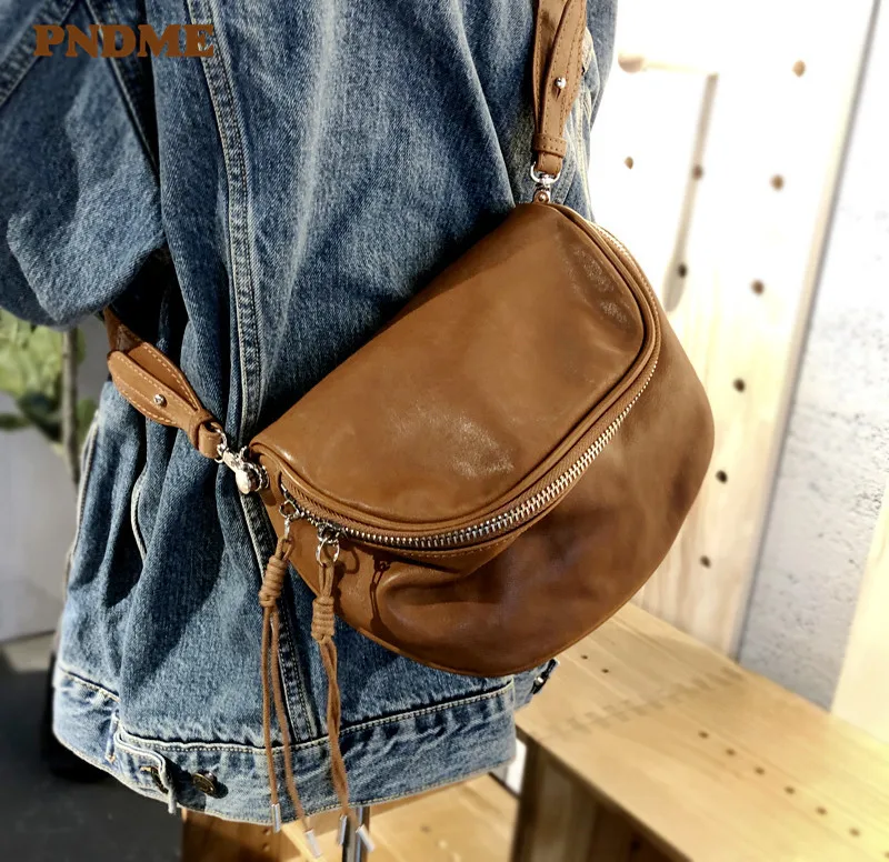 

PNDME fashion retro genuine leather ladies chest bag casual high quality luxury designer cowhide women's shoulder crossbody bag