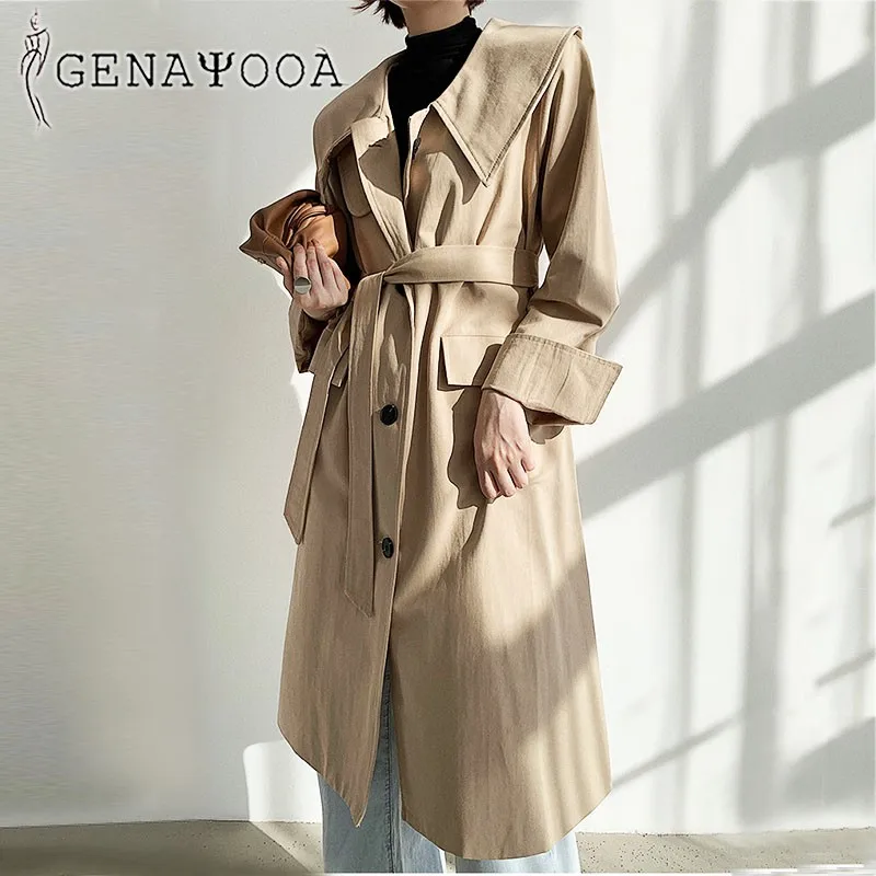 

Genayooa Trench Coat For Women Cotton High Quality Single Breasted 2020 Autumn Long Coat Korean Style Windbreaker Lapel Coat