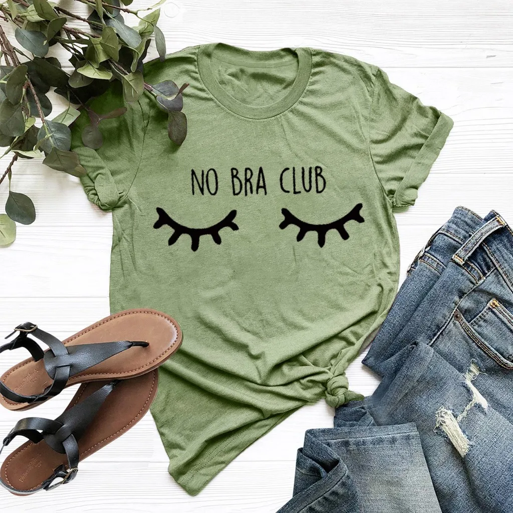 No Bra Club Letter Print T-shirt Women Multicolor Large Size Loose Fashion Tops Summer Casual Short Sleeved T Shirt Wild | Женская