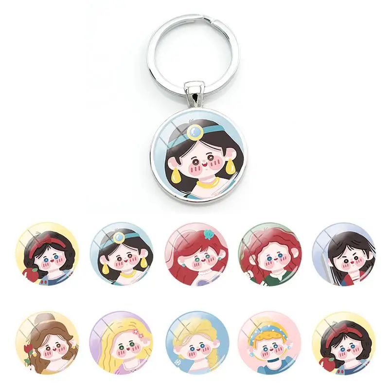 

Disney Cute Q Version Princess Image Keyrings Glass Dome Cabochon Pendant Keychains Handmade Accessories Jewelry Hot Sale FWN377