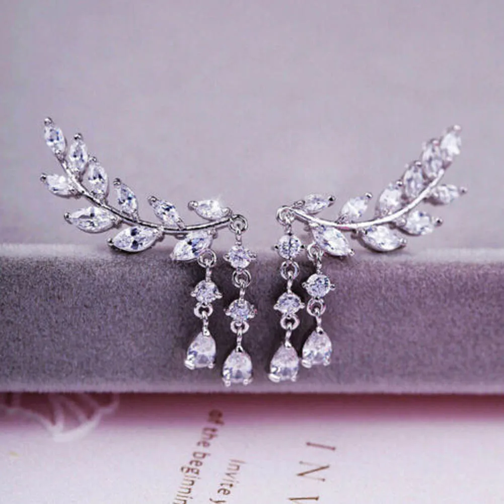 

2021 1pair Fashion Charm Plated Crystal Zircon Leaves Tassel Earrings Women Ear Stud Jewelry Party Birthday Gift For Girl Ladies