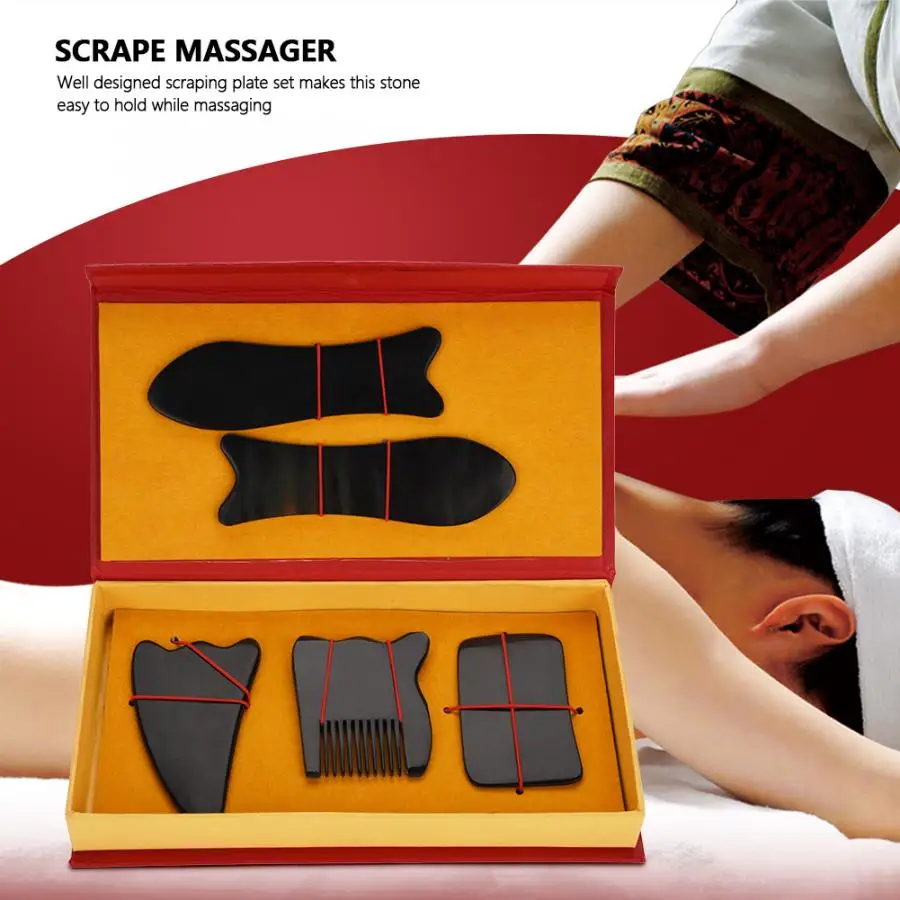 Gua Sha Scraping Massage Tool Horn Scraper Plate Set Health Care Body Relaxation Massage Stone Gift Set