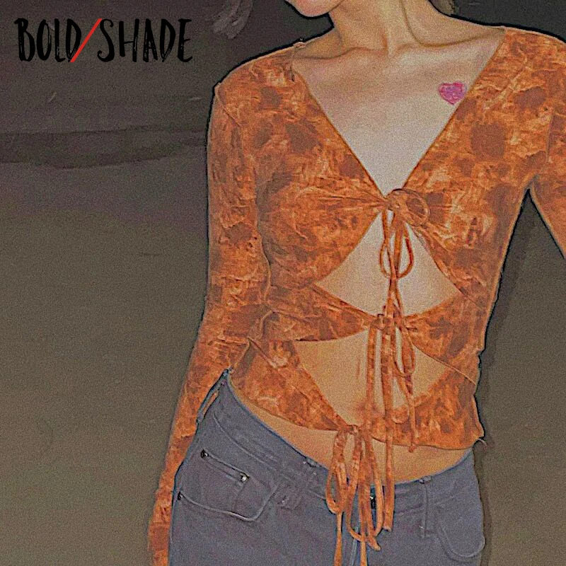 

Bold Shade 70s VIntage Indie T-shirt Lace Up Sexy Hollow Out Bodycon Long Sleeve Tee V-neck Tie Dye Sexy Streetwear T-shirts Hot
