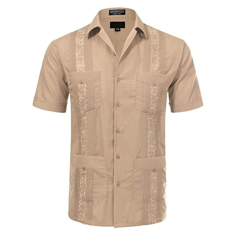 

Мужская рубашка с вышивкой, Классическая пляжная рубашка из кубинской ткани с короткими рукавами и воротником, с 4 карманами, в мексиканском...