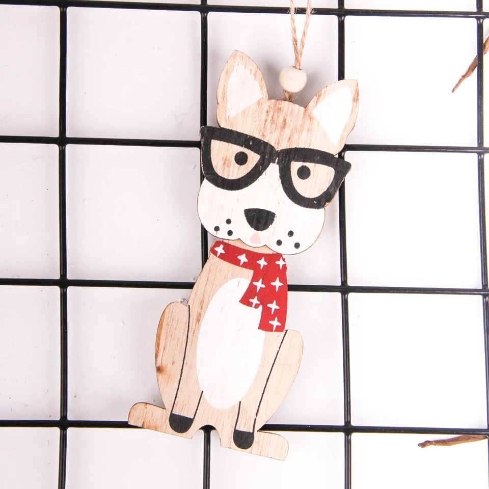 Nature glasses dog 1 шт., Деревянная Рождественская собака, милая подвесная шляпа, подвески с собаками, украшения на елку, детский подарок, поделки из дерева, украшение для рождественской вечеринки - Цвет: Nature glasses dog