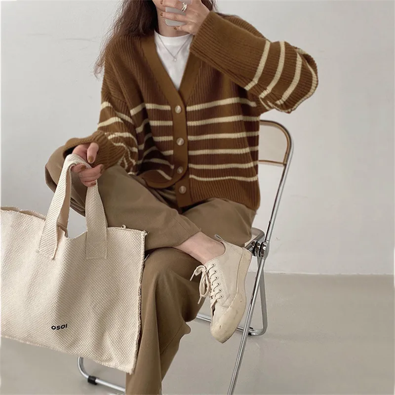 

Korean Fashion V-Neck Stripe Sweater Cardigan Women Autumn Oversize Knitted Jumper Female Casual Long Sleeve Button Knitwear Top