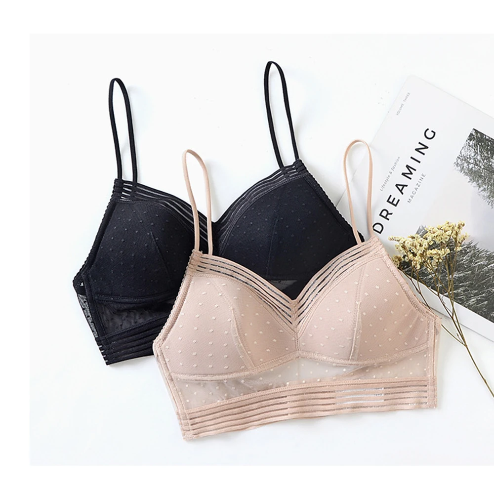 

New Sexy Women Lingerie Deep U Low Back Lace Bralette Thin Cup Polka Dot Bustier Top Mesh Wireless Seamless Breathable Underwear