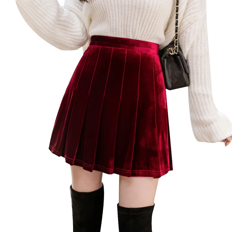 

Mini Skirt Women 2021 New Autumn Winter Velvet Pleated Dress Elegant High-Waist A-Line Short Skirt Fashion All-Match