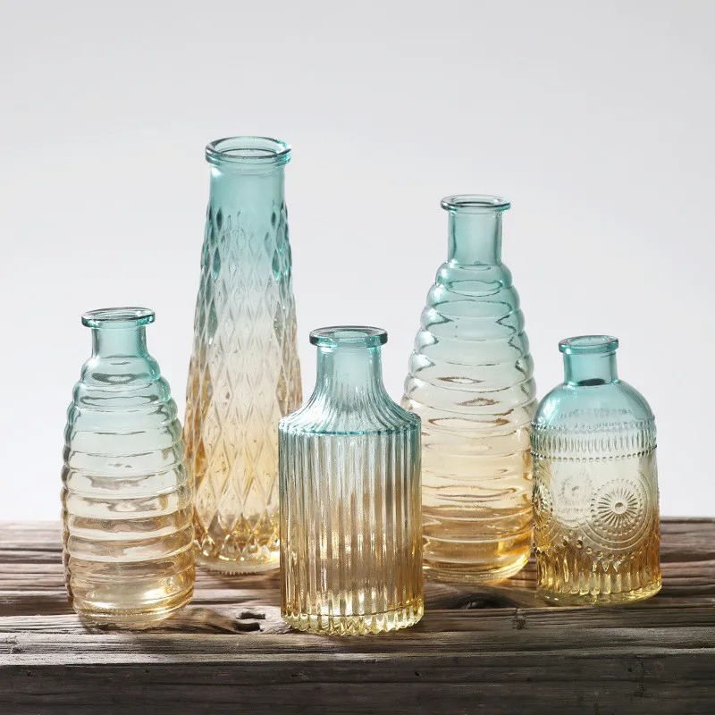 

Transparent Glass Flower Vase Carving Geometry European Style Living Room Decoration Jardiniere Ornaments Hydroponic Plants TN