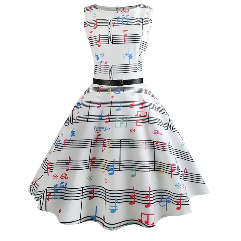 

Mulheres nota vestido robe retro swing casual vintage sem mangas vestidos 2021 dress