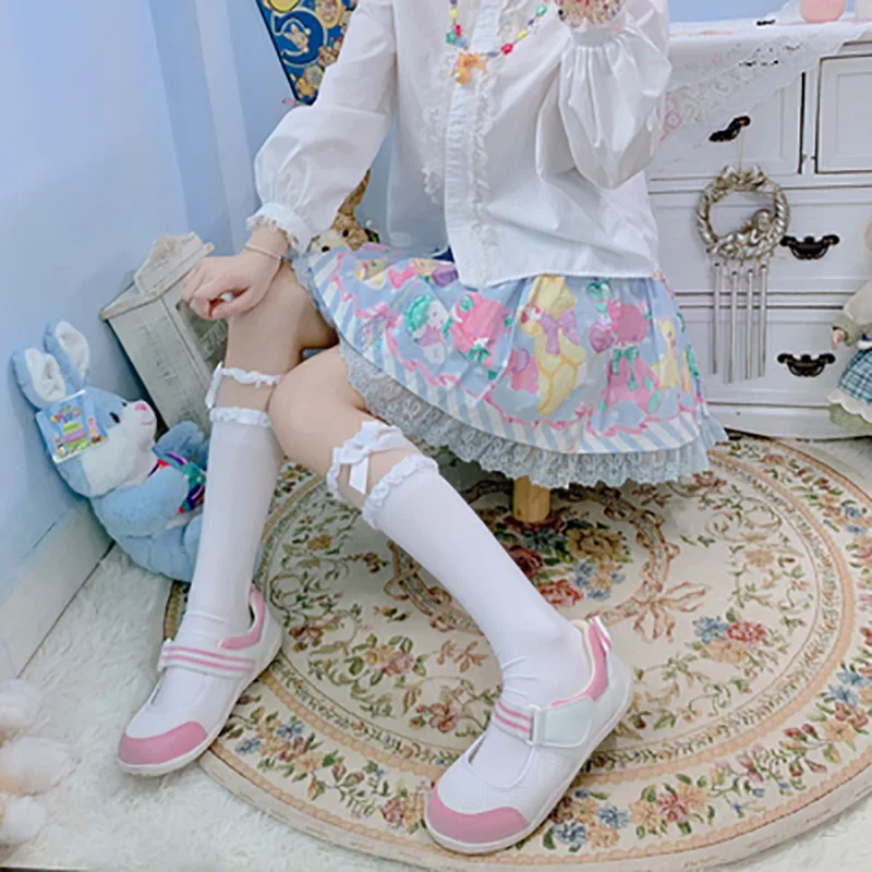 

Women Japanese Lolita Sock White Cotton Loli Girls Bowknot Long Knee Stocking Cute Ruffles JK Uniform Lolis Socks Cosplay 1124M
