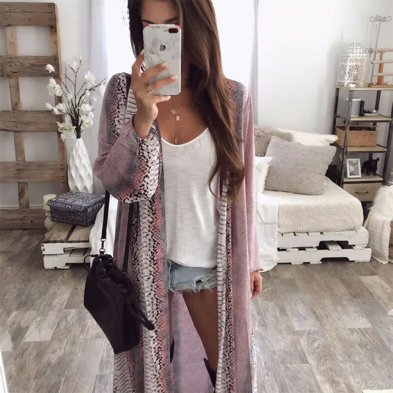 2019 Women Long Sleeve Print Style Chiffon Coat Snake Pattern Outwear Tops Cardigan Sweaters |