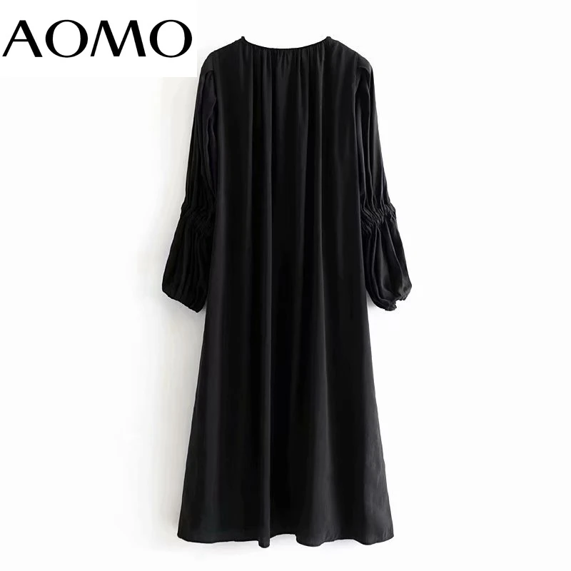 

AOMO 2021 Women Black French Style Robe Dress with Slash Puff Sleeve Ladies Midi Dress Vestidos 3H572A