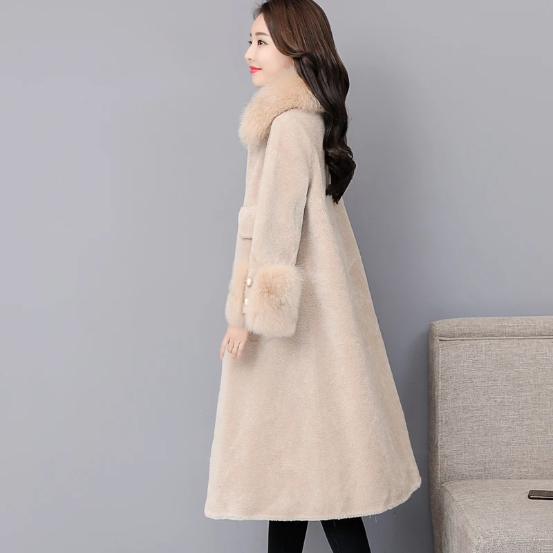 

winter faux women's large fur collar plus size rose long coat Korean jacket Manto femme hiver kj1041