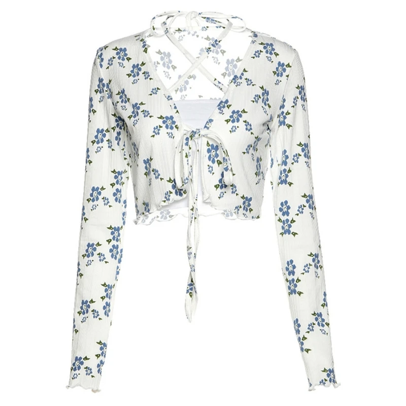 

Women Long Sleeve Halter Lace-Up Floral Ruffles Cardigan with Bandeau Tube Top X3UE