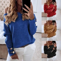 sexy women autumn solid color long sleeve off shoulder buttons decor cuff blouse