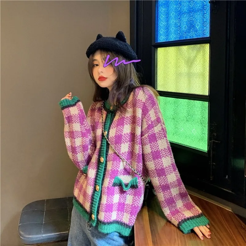 Женский винтажный кардиган в клетку Gaganight розовый вязаный с длинным рукавом и
