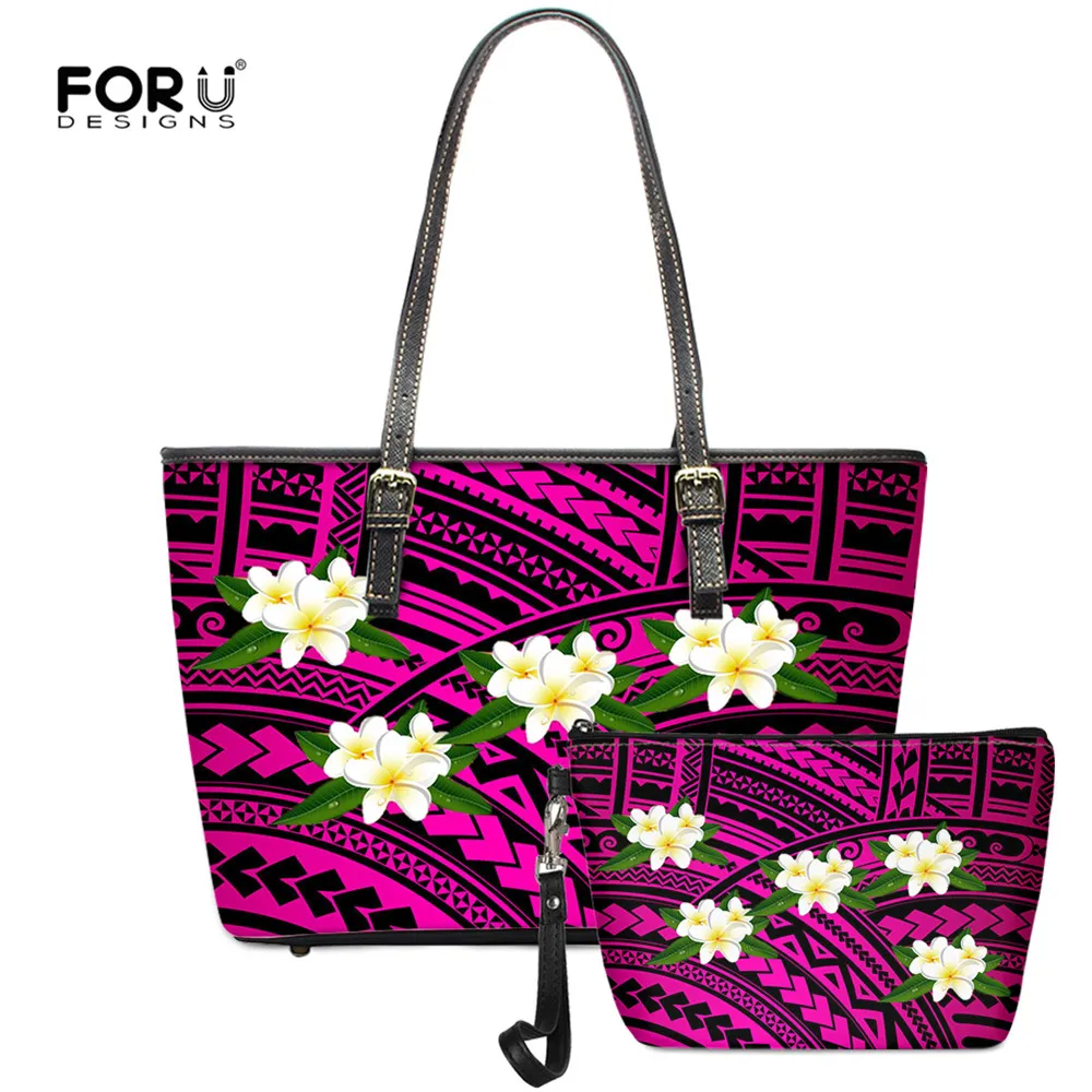 

FORUDESIGNS American Samoa Hawaii Polynesian Plumeria Pattern Women Handbags Set Large Purple Ladies Tote Shoulder Bags Bolsas