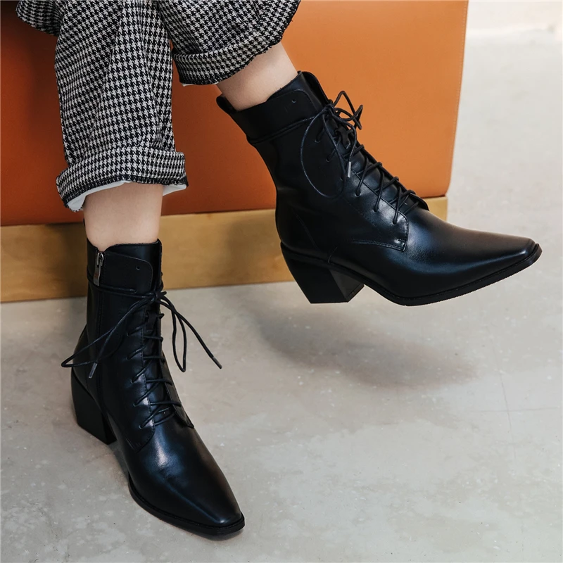 

COVIBESCO 2020 New Autumn Winter Basic Women Ankle Boots Genuine Leather Shoes Woman Thick Heels Cross-Tied Zipper Casual Boots