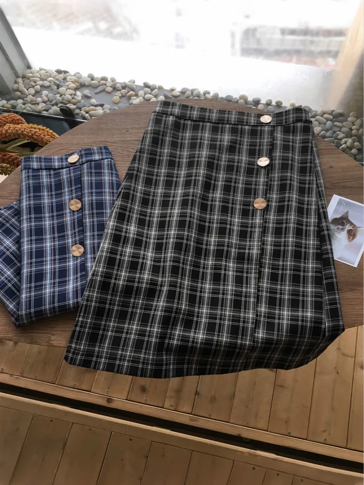 

Midi Skirt Blue Plaid Check Gothic Medium Long Women Goth Skirt Female Ladies Plus Size Vintage Cotton High Fashion Skort