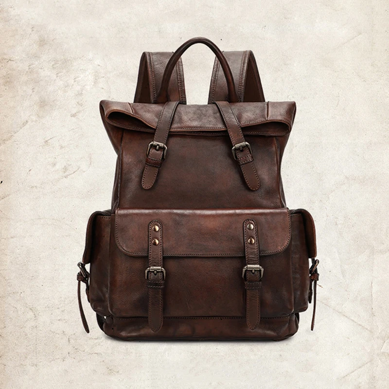 Мужской винтажный рюкзак из воловьей кожи дорожный ручной работы натуральной с