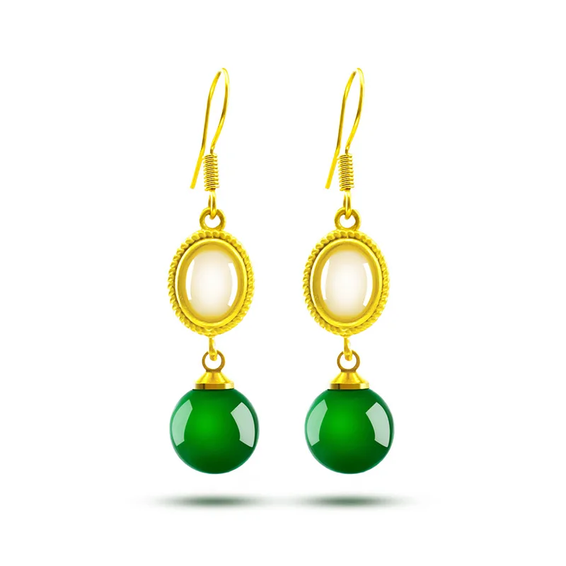 

Luxury 18K Gold Plated Earring White Chalcedony Earrings Green Stone Pendant Drop Earring for Women Birthday Party Jewelry Gift