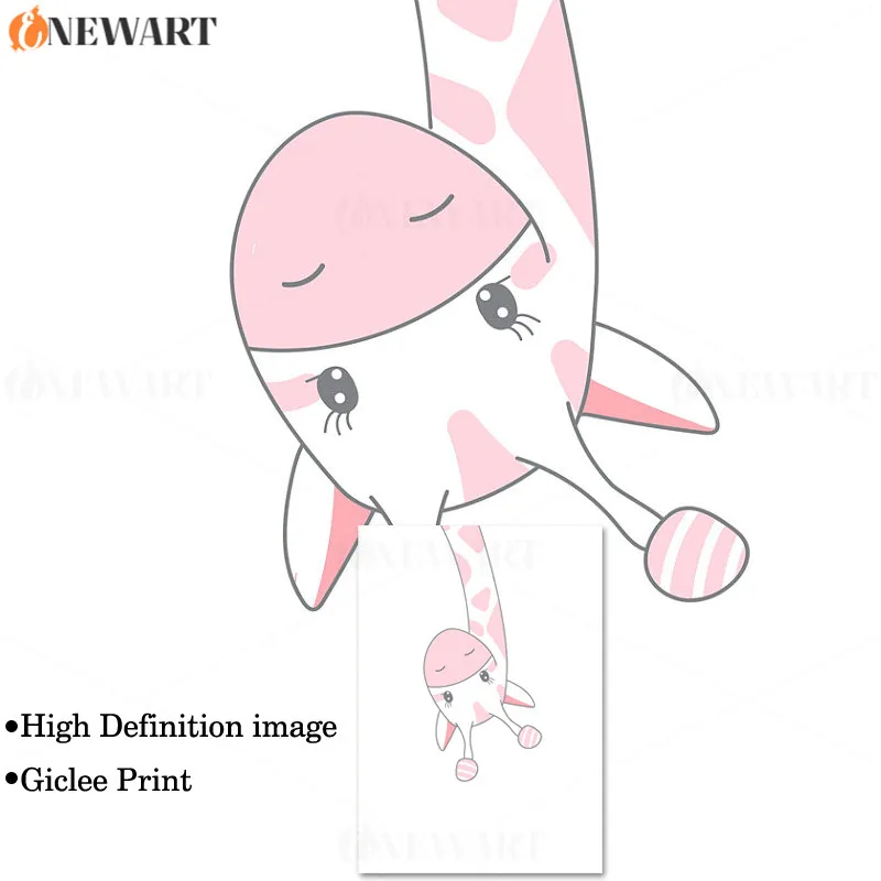 Розовый Жираф Печать Nodic Декор детской стены плакат дети Спальня украшение