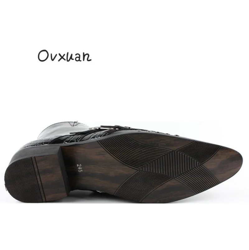 

OVXUAN Chunky Ankle Short Boots Men Rivet Iron Chain Pointed Toe Punk Style Shoes Mens Casual Leather Cowboy Boots Wedge Shoes