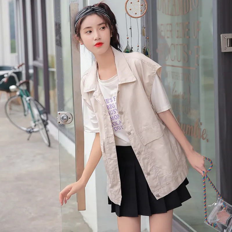 

Women Sweet Sexy Wild Long Lapel Loose Wild Harajuku Style Tooling Sleeveless Suit Sweet Vest
