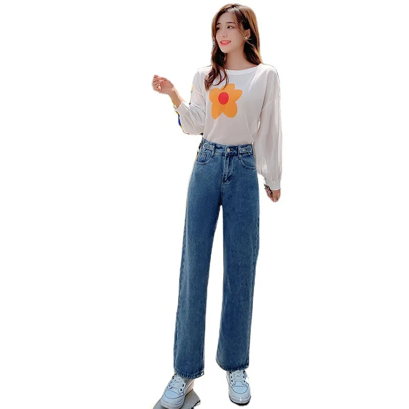 

2020 autumn new loose stitching high waist slimming wide leg pants long jeans women | 120332051