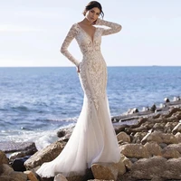 beach mermaid backless wedding dresses 2021 lace appliques v neck long sleeves tulle sweep train bride gowns vestidos de noiva