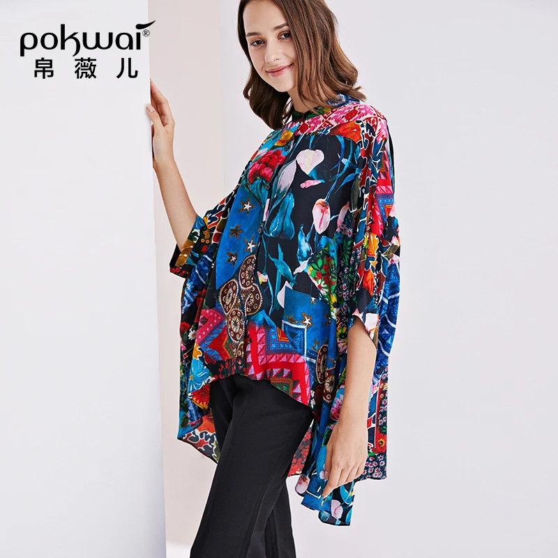 2020 женские шелковые блузки POKWAI с цветочным принтом повседневные свободные