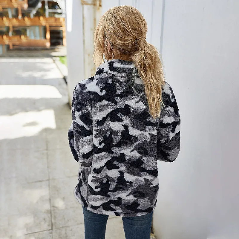 

Fluffy Camouflage Zipper Women's Sweatshirts Turn-down Collar Female Pullovers 2021 Autumnn Winter New Casual Ladies Sweatshirt