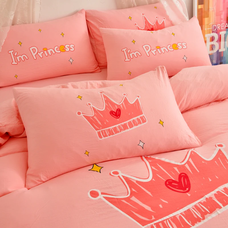 

pink crown bedding set cute cartoon bed linen for children adult Wrinkled duvet cover 220x240 bed sheet sets full king size
