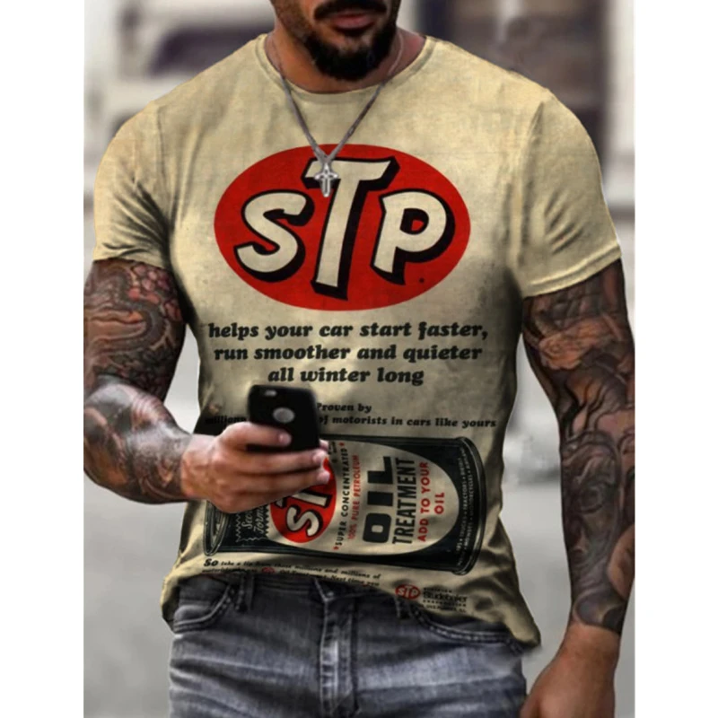

New 3D retro motor oil motorcycle short-sleeved top tin logo printing mimeograph T-shirt casual Harajuku streetwear