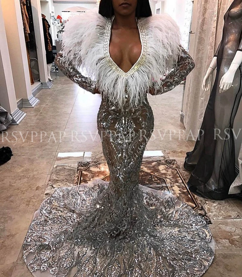 

Long Sparkly Prom Dresses 2020 Sexy Mermaid V-neck Long Sleeve Silver Sequin Feather Black Girl Prom Dress