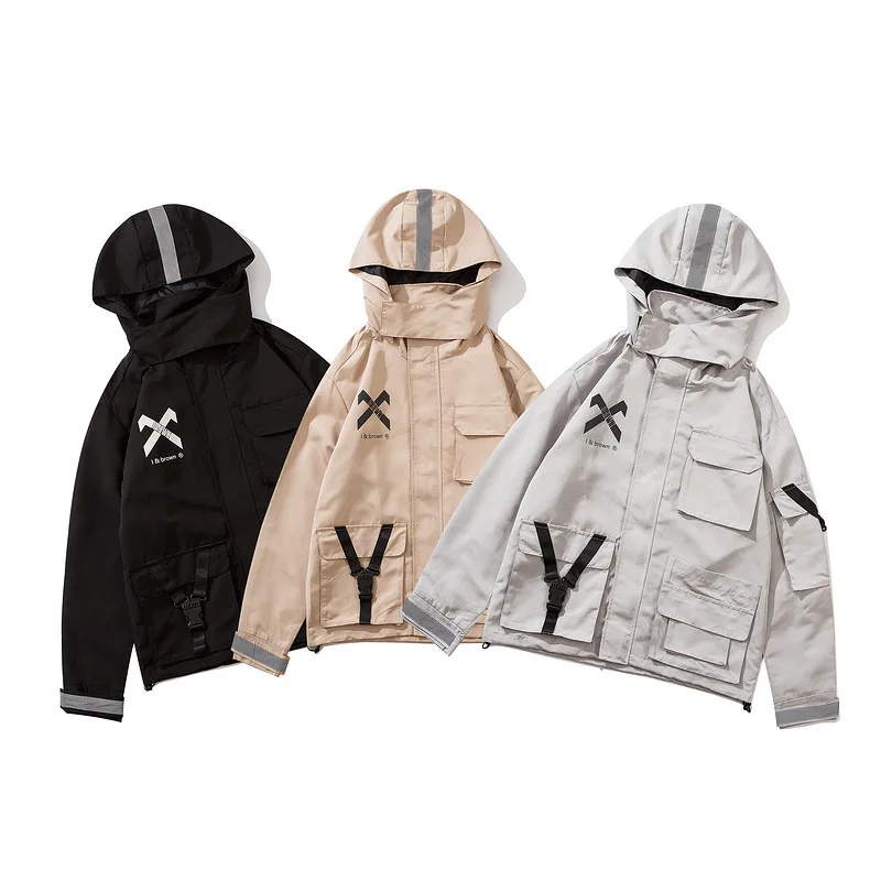 

Techwear Ribbons Reflective Hip Hop Vintage Hooded Outerwear Coats Men Work Autumn Winter Casual Pockets Male Black Jackets Top