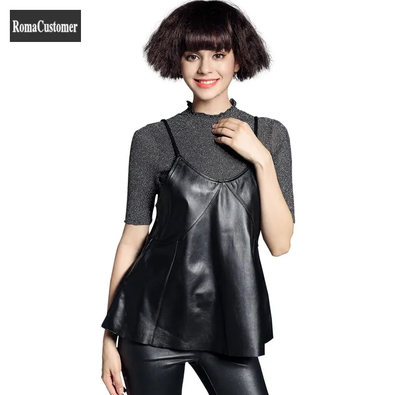 

Genuine Leather Vest Womens Autumn New Leather Blouse Fashion Korean Loose High Quality Vintage Elegant Sheepskin Strap Tops