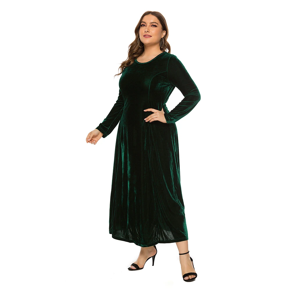 Осеннее бархатное платье с длинным рукавом для женщин круглым вырезом и длинными