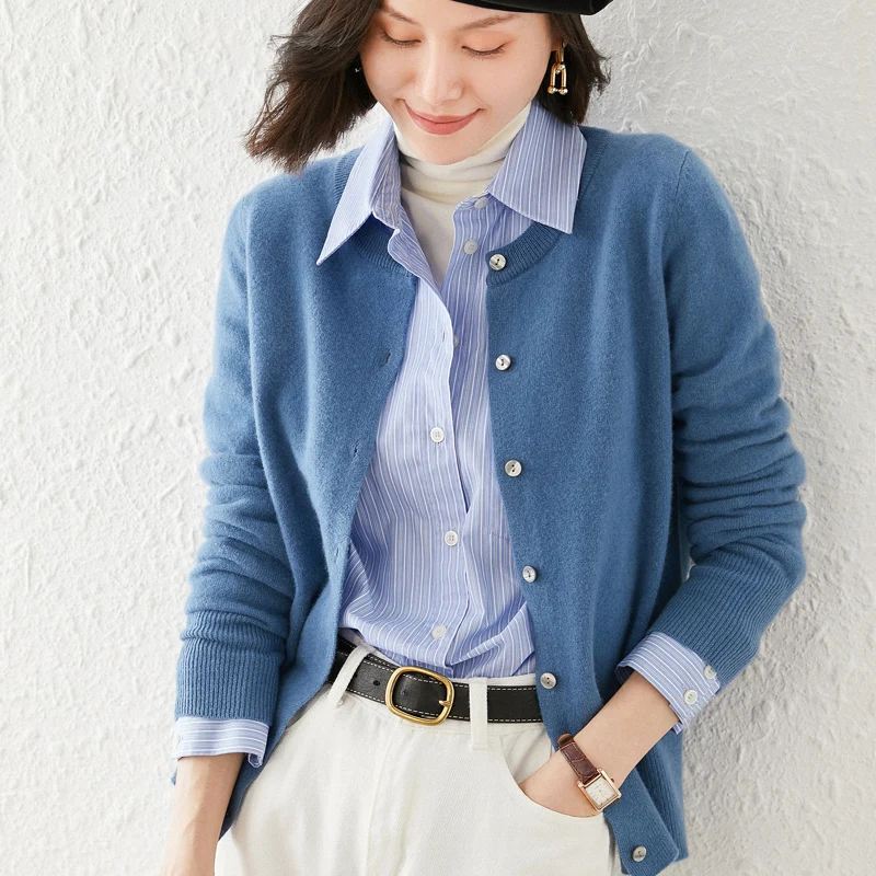 Женский кардиган из 100% чистой шерсти трикотажная рубашка пальто с круглым