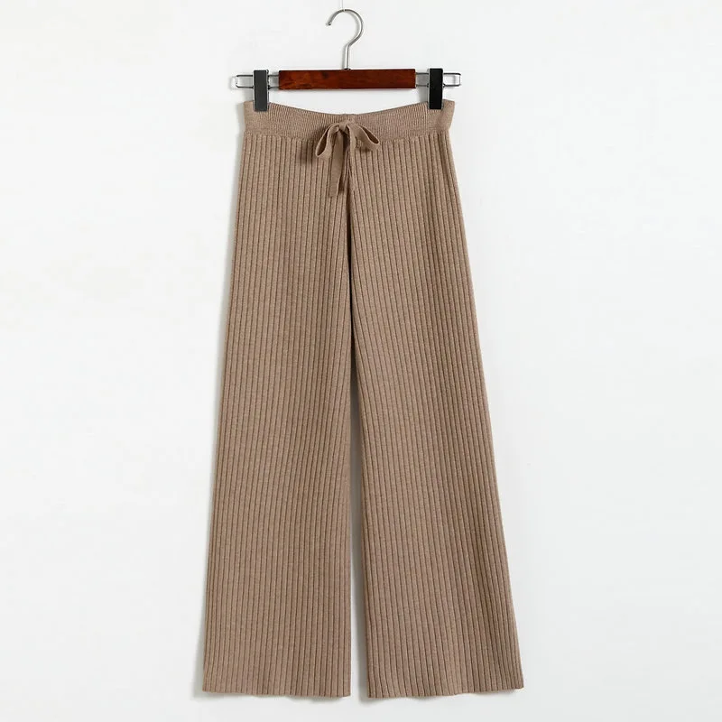 

Autumn and winter new drape high waist wide leg pants female loose knit pants thickened straight tube pants strap casual pants