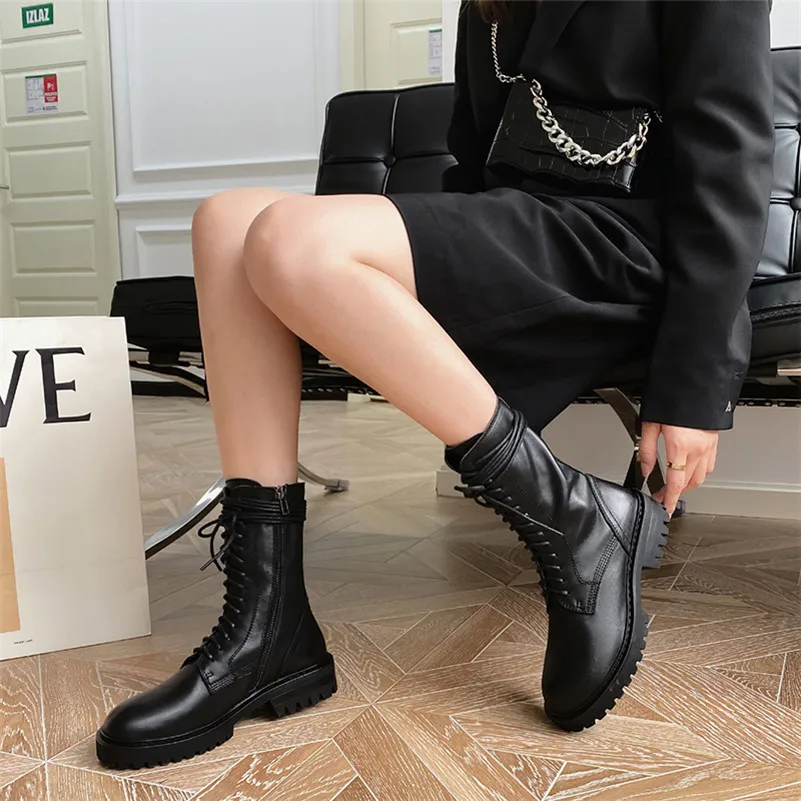 Женские сапоги до середины икры FOREADA черные белые из натуральной кожи на плоской