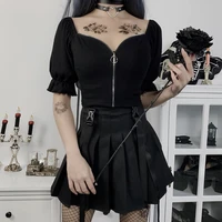 black dark goth woman sexy t shirt 2022 lady open stitch square collar zipper puff sleeve hipster tshirt gothic punk short top