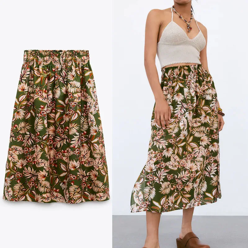 

ZA 2021 Floral Print High Waist Summer Skirt Women Elastic Waist Green Midi Skirts Chic Side Slits Female Vintage Pleated Skirt