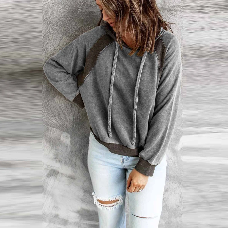 

2021 Autumn Hooded Warm Blouse Women Fashion Casual Long-sleeved Splice Pullover Ladies Office Shirts Retro Loose Street Tops