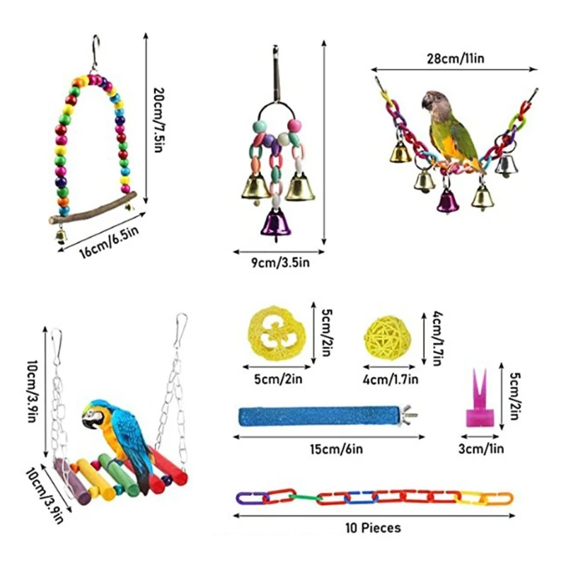 

15Pcs Natural Wood Bird Parrot Hanging Bell Cage Toys Hammock Swing Chewing Ball L5YE